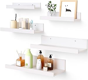 Upsimples Home Floating Shelves for Wall Decor Storage, Wall Shelves Set of 5, Wall Mounted Wood Shelves for Bedroom, Living Room, Bathroom, Kitchen, Small Picture Ledge Shelves, White FUH01002