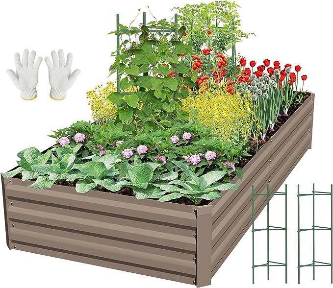 SONFILY Galvanized Raised Garden Bed Large Metal Outdoor for Gardening Planter Raised Bed Flower Bed Garden Boxes Outdoor with 2pcs Tomato Cages/Plant Supports, 8x4x1ft
