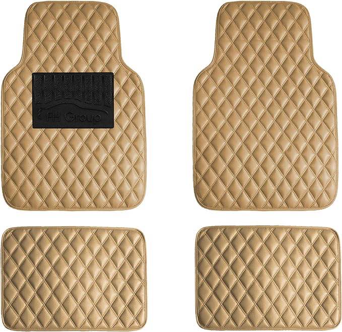 FH Group Luxury Universal Fit all season protection Heavy Duty Faux Leather Beige Automotive Floor Mats fits most Cars, SUVs, and Trucks (Diamond Design with High Tech 3-D Anti-skid / Slip Backing)