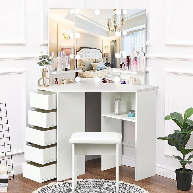 VOWNER Vanity Desk with Mirror and Lights - Vanity with 3 Lighting Options, Adjustable Brightness, Vanity Set with 5 Sliding Drawers, Shelves and Vanity Stool, Corner Vanity for Women Girls, White 43“ JY-1012 ( BOX B ONLY / INCOMPLETE )