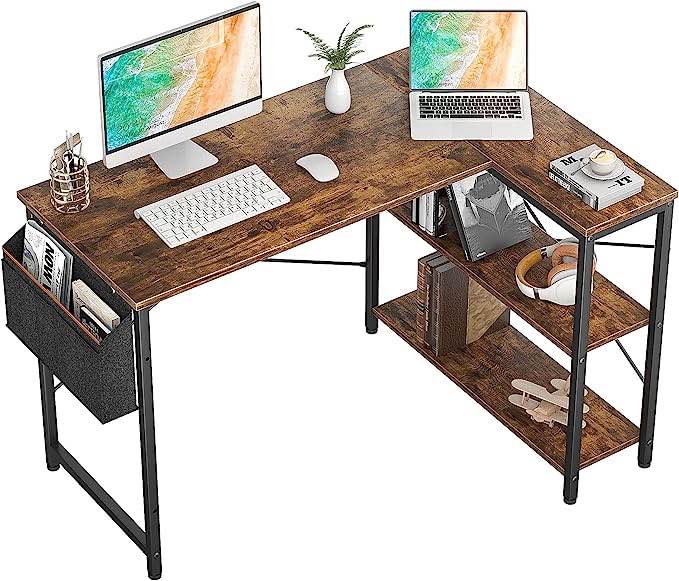 Homieasy Small L Shaped Computer Desk, 47 Inch L-Shaped Corner Desk with Reversible Storage Shelves for Home Office Workstation, Modern Simple Style Writing Desk Table with Storage Bag(Rustic Brown) YHCD-009