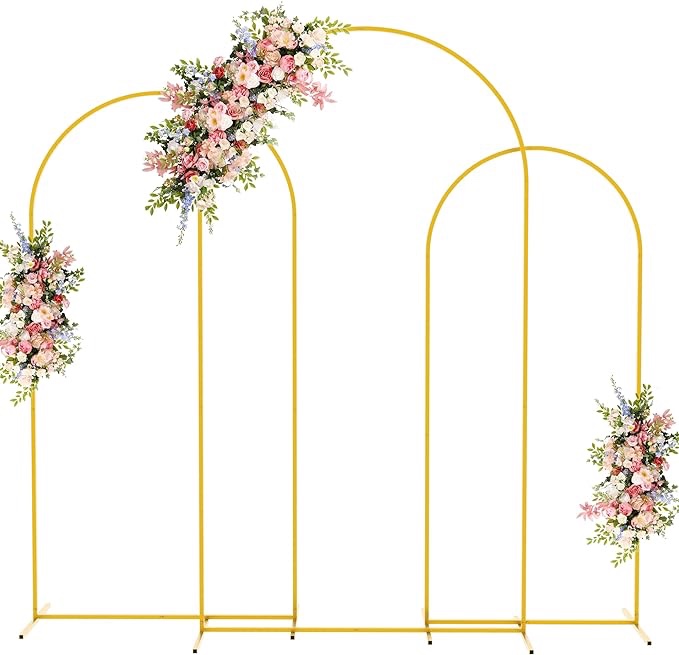 Asee'm Wedding Arch Backdrop Stand Set of 3 (7.2FT, 6.6FT, 6FT) Gold Metal Arched Frame for Ceremony Parties Birthday Baby Shower Garden Balloon Decoration