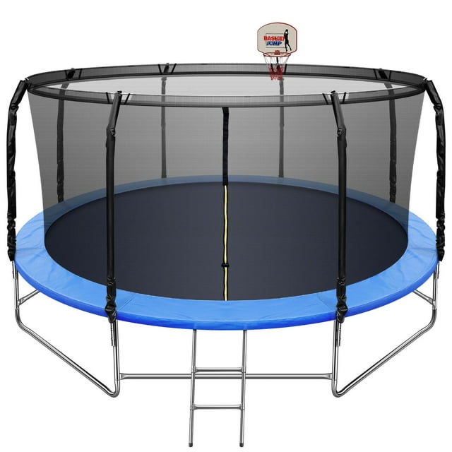 14 FT Trampoline with Basketball Hoop, Safety Enclosure Net, 800LBS Capacity 5-6 Kids, Waterproof Mat and Ladder, Outdoor Backyard Trampolines, Basketball Trampoline for Kids/Adults