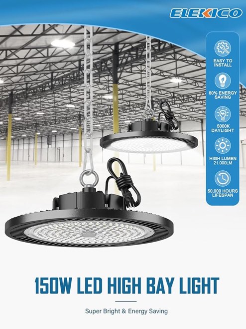 200W LED High Bay Light 28,000lm (140LM/W) 5000K 5' Cable with US Plug, 100-277V, Hanging Hook, Safe Rope, Fiqevs Commercial UFO High Bay LED Light for Barn Factory Warehouse Church - 6 Pack