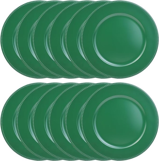 Set of 50 Green Charger Plates with Beaded. 13" Reusable Plastic Table Chargers for Dinner Plates