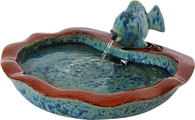 Sunnydaze Glazed Ceramic Fish 7-Inch Outdoor Water Fountain - Electric Sumersible Pump with Adjustable Flow - Aqua and Brown