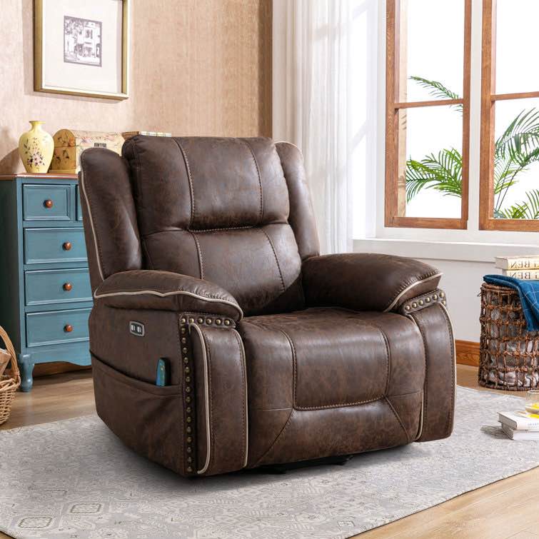 (box 1 of 3)41" Wide Vintage Vegan Leather Dual Motor Power Recliner Hidden Cup Holder and Adjustable Headrest