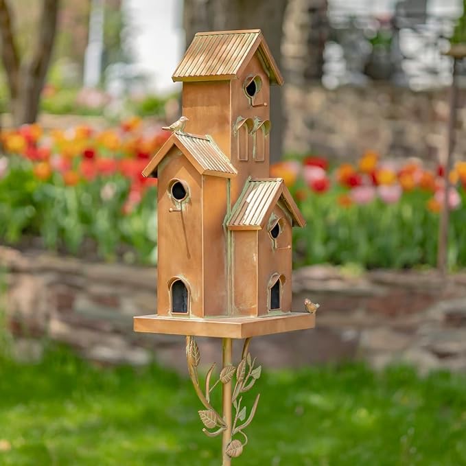Vaghinag Copper Color 4-Home Birdhouse Bungalow Garden Stake 74 in x 13 in x 7 in