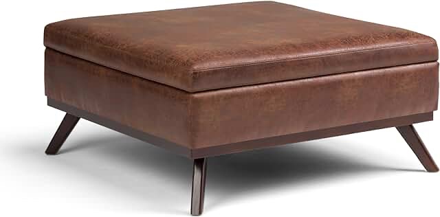 SIMPLIHOME Owen  Wide Mid Century Modern Square Coffee Table Lift Top Storage Ottoman in Upholstered Distressed Saddle Brown Faux Leather, For the Living Room