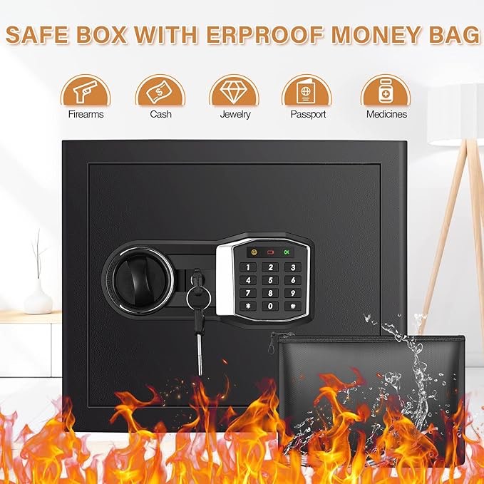 1.2 Cub Home Safe Fireproof Waterproof, Fireproof Safe Box with Fireproof Money Bag, Digital Keypad Key and Removable Shelf, Personal Security Safe for Home Firearm Money Medicines Valuables