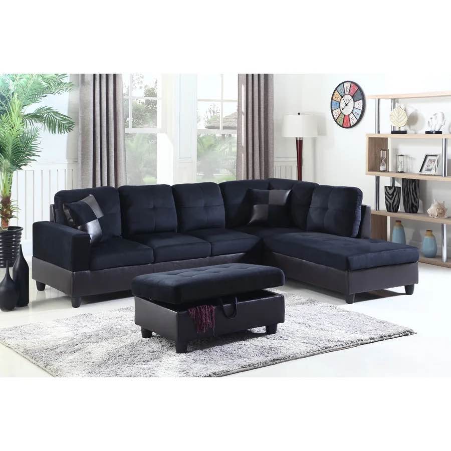 3 Seat Upholstered Sofa with Chaise-Brown Leather Base/Black Microsuede Cushions (INCOMPLETE-3 SEAT SOFA BASE WOTH BOTTOM CUSHIONS ONLY) 