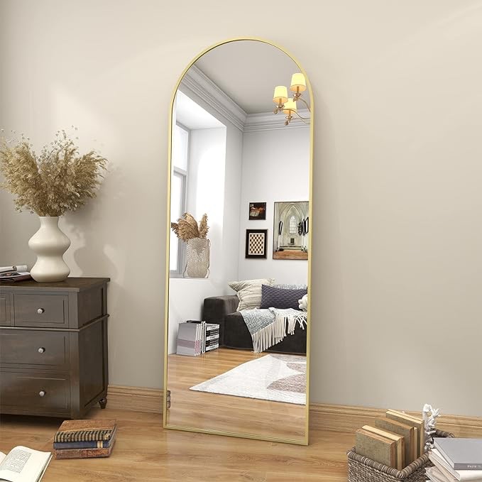 BEAUTYPEAK 64"x21" Arch Floor Mirror, Full Length Mirror Wall Mirror Hanging or Leaning Arched-Top Full Body Mirror with Stand for Bedroom, Dressing Room, Gold