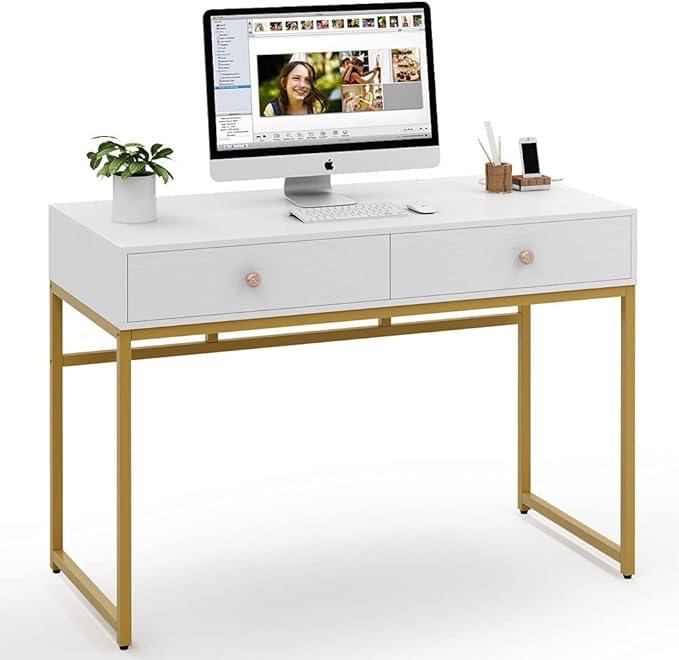 Tribesigns Computer Desk, Modern Simple 47 inch Home Office Desk Study Table Writing Desk with 2 Storage Drawers, Makeup Vanity Console Table, White and Gold