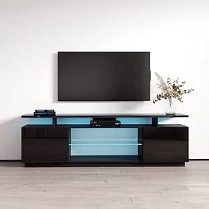Meble Furniture Eva-K TV Stand for TVs up to 80", Modern High Gloss 71" Entertainment Center, TV Media Console with Storage Cabinets and LED Lights
