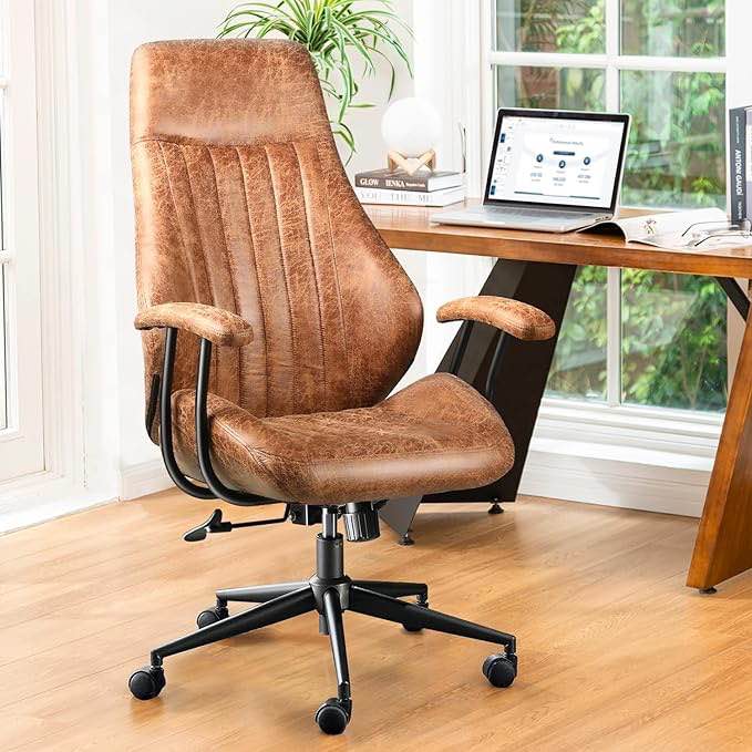 VITESSE Ergonomic Home Office Desk Chair Modern Leather Computer Chairs, High Back Lumbar Support Suede Fabric Executive Height Adjustable Rolling Swivel Task Chair with Padded Armrest (Brown)