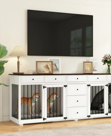 Large Dog Crate Furniture Wooden Dog Crate TV Stand Entertainmnet - 89"W(incomplete box 1)