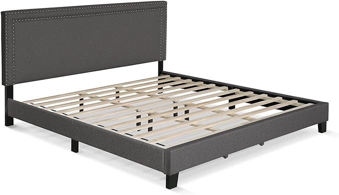 Furinno Laval Double Row Nail Head Upholstered Platform Bed Frame, King, Stone