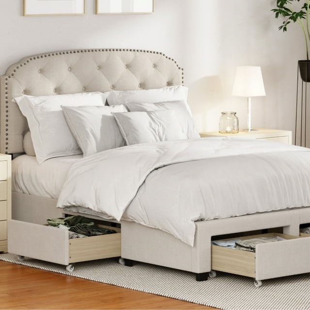 DG Casa Argo Tufted Upholstered Panel Bed Frame with Storage Drawers and Nailhead Trim Headboard, Queen Size Storage Bed in Beige Linen Style Fabric (Incomplete, Box 2 Only)