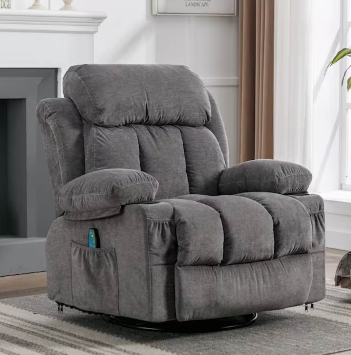 Gray Velvet Swinging Recliner Chair Massage Heated Sofa, with USB and 2-Cup Holders in Side Pockets (incomplete) box 1/2 only 