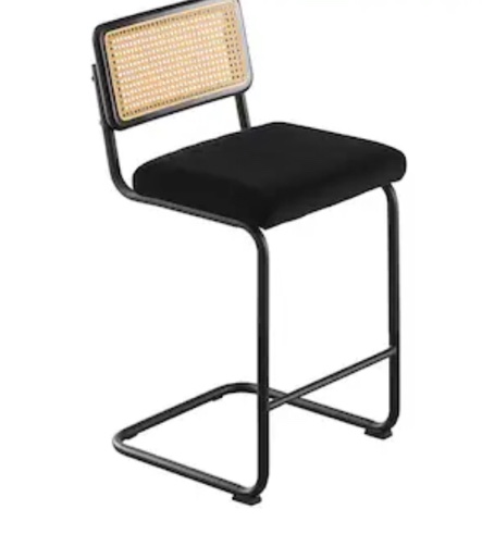 Velvet Upholstered Bar/Counter Stools with Rattan Backrest Black 