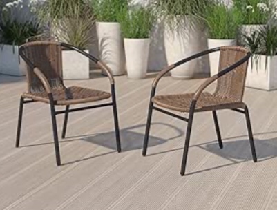 EMMA + OLIVER 2 Pack Medium Brown Rattan Indoor-Outdoor Restaurant Stack Chair