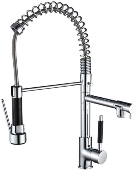 Chrome Spring Pull Down Kitchen Sink Faucet, Cold & Hot Water Mixer Tap Single Handle with Dual Spout Deck Mounted,Chrome Black Lever