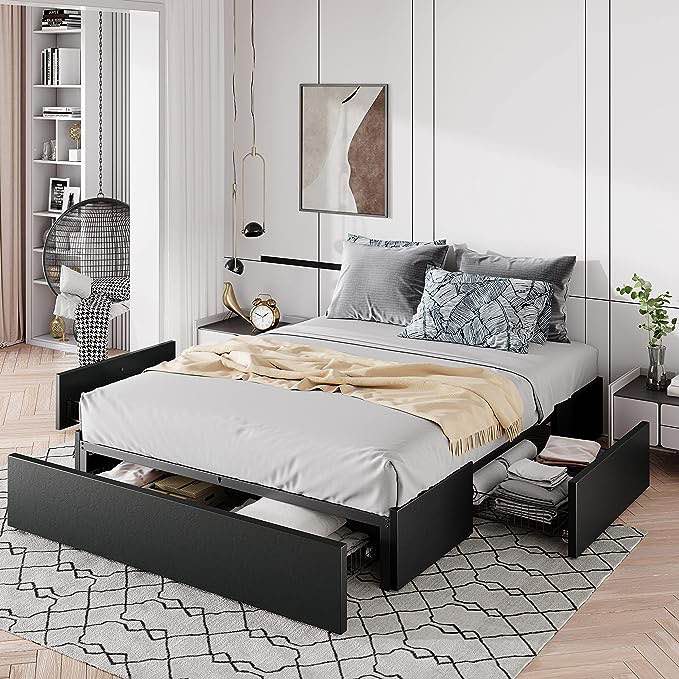 Allewie Queen Size Platform Bed Frame with 3 Storage Drawers, Faux Leather Upholstered, Wooden Slats Support, No Box Spring Needed, Easy Assembly, Black