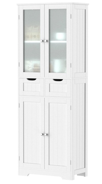 TOLEAD Tall Storage Cabinet, Freestanding Kitchen Pantry Cabinet with Glass Doors and Shelves, Large Modern Cupboard with 2 Drawers for Home&Office, White