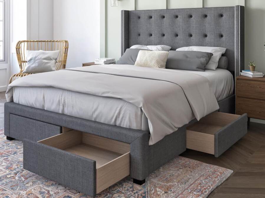 DG Casa Savoy Tufted Upholstered Wingback Panel Storage Bed Frame, King Size in Grey Fabric. box 2 of 6 only. incomplete 