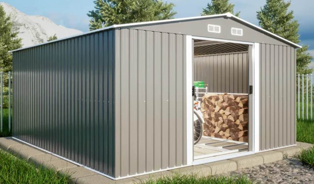 LZBEITEM 11 x 13 ft. Outdoor Storage Shed?Galvanized Steel Garden Shed?Metal ShedsGarden Tool Shed with Double Lockable Sliding Doors for Backyard Patio Lawn,Gray. incomplete.