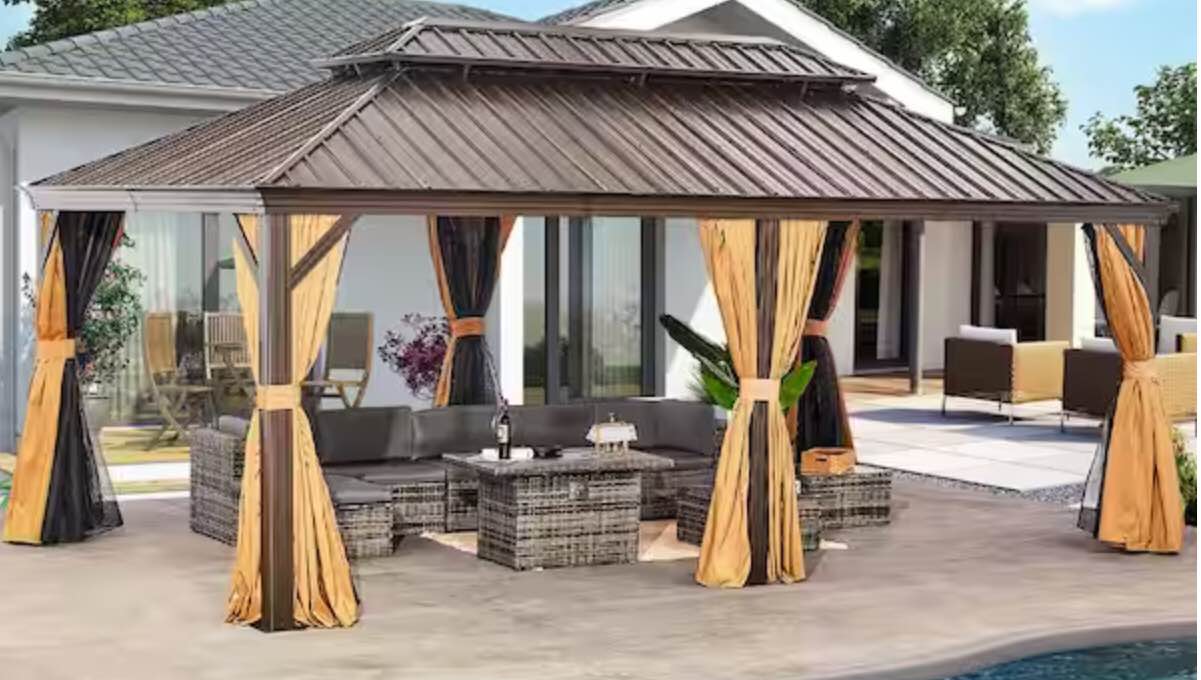 12 ft. x 20 ft. Hardtop Gazebo Double Roof Aluminum Frame with Privacy Curtain and Mosquito Net. 5 of 7 only. incomplete 