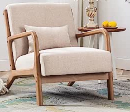 ANJHOME Mid Century Modern Accent Chair, Single Fabric Lounge Reading Armchair with Solid Wood Frame, Easy Assembly Arm Chairs for Living Room, Beige