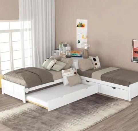 L-shaped Platform Bed with Trundle and Drawers Linked with Built-in Desk\ Twin\ White White Pine(incomplete box 3/3 only)