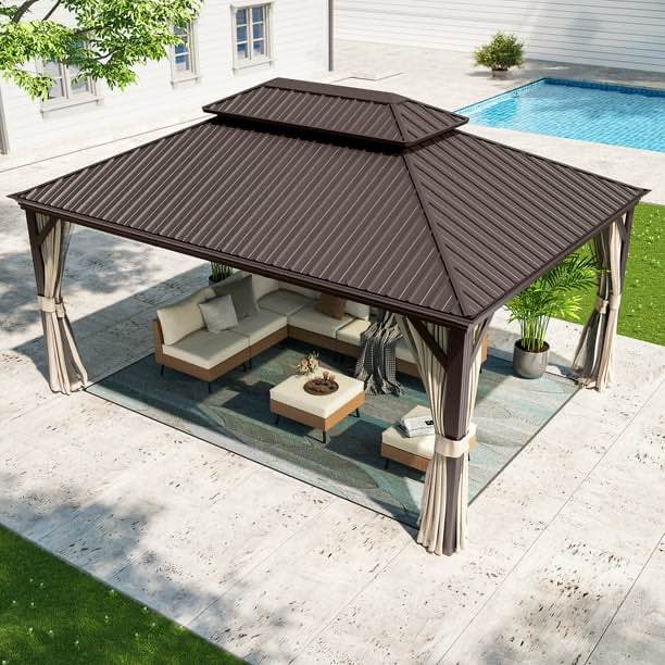 LAUSAINT HOME 12' x 16' Hardtop Patio Gazebo, 2-Tier Permanent Aluminum Hardtop with Mosquito Net and Privacy Curtain(incomplete box 4/6 only)