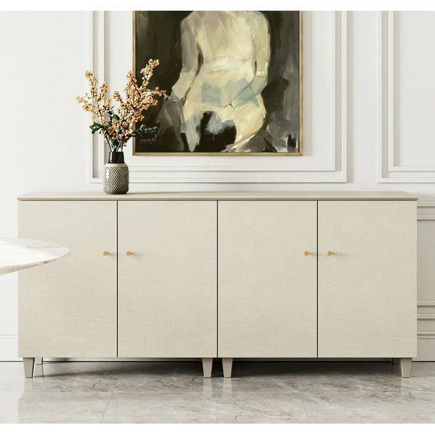 Sideboard Buffet Server Cabinets with Doors, 70.8" Kitchen Wood Coffee Bar Table, 2 -In-1 Storage Cabinets with 6 Compartments for Dining Room, Living Room, Entryway, Beige Faux Linen Textured Finish
