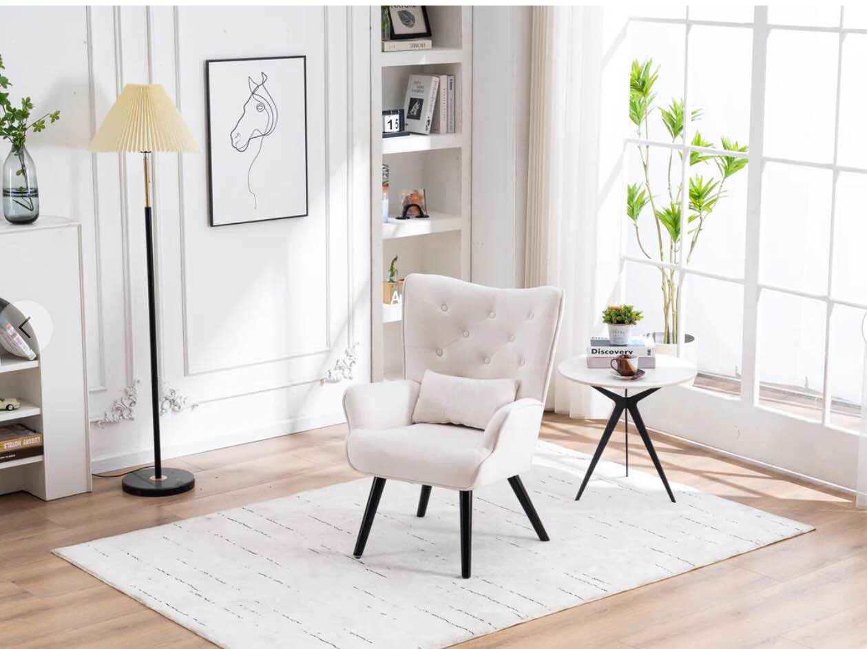 Modern Accent Chair Upholstered Foam Filled Living Room Chairs Comfy Reading Chair Mid Century Modern Chair for Living Room Bedroom WHITE