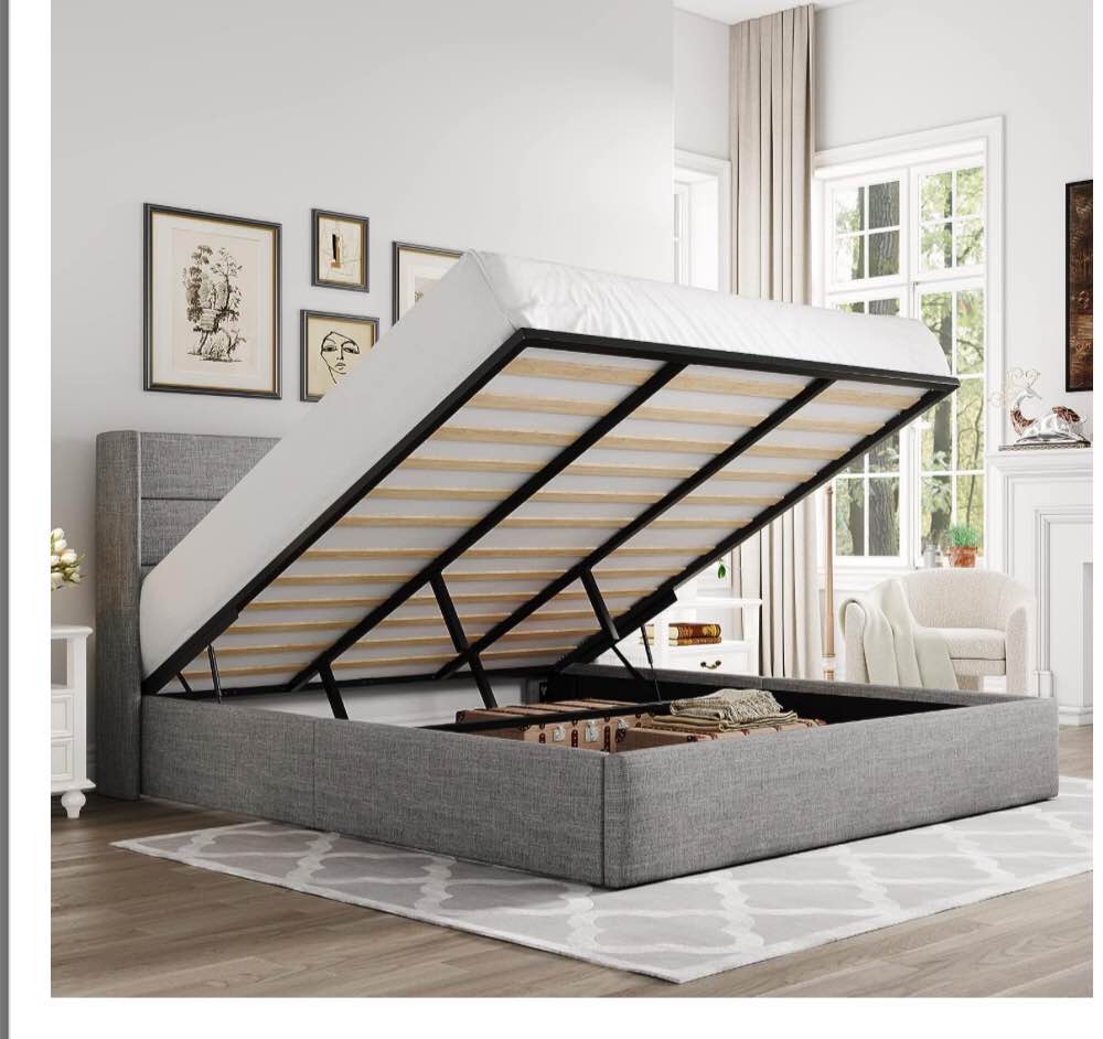 Allewie King Size Lift Up Storage Bed, Modern Wingback Headboard, No Box Spring Needed, Hydraulic Storage, Light Grey