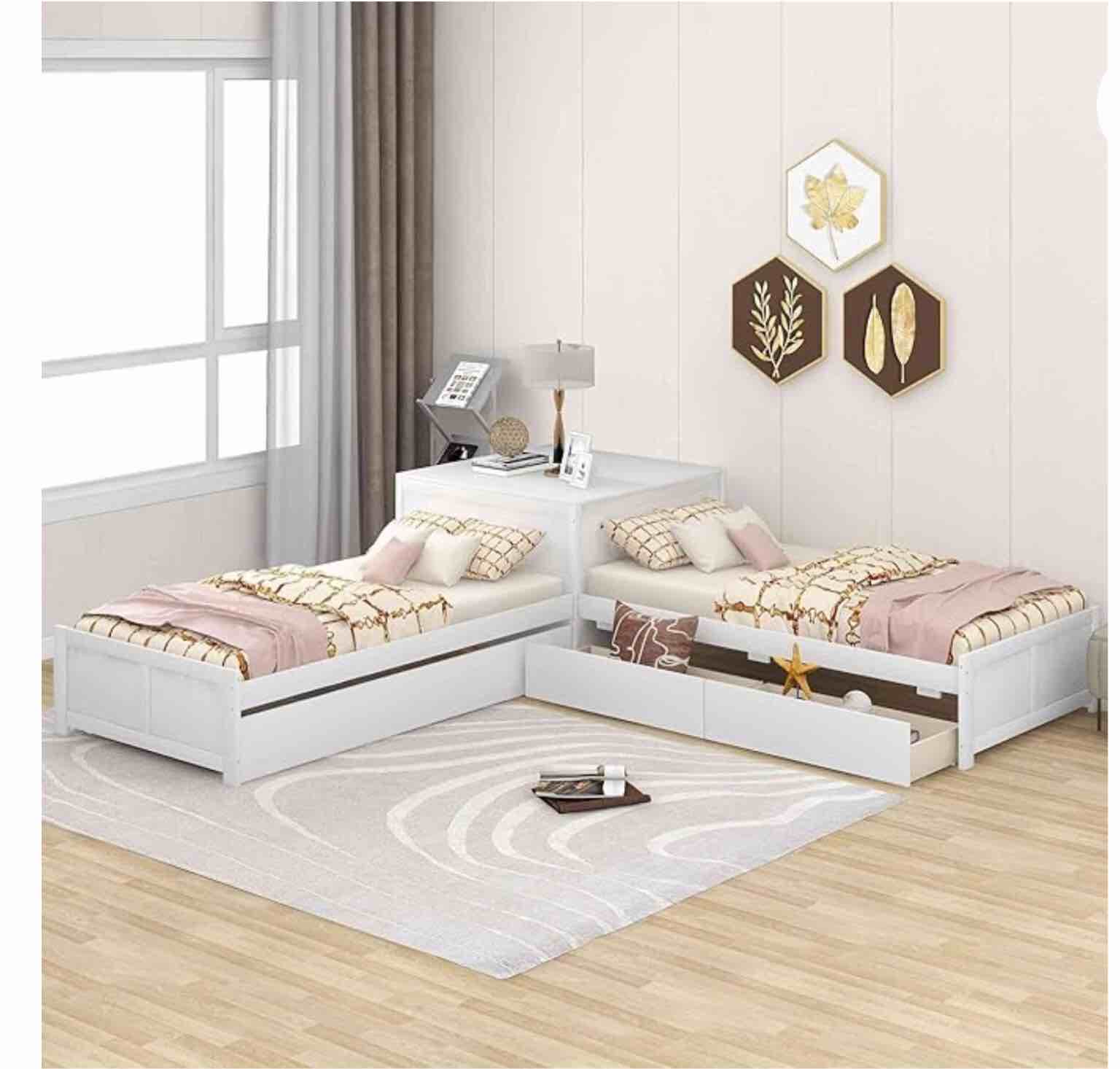 ATY Twin Size Platform Bed with Trundle and Drawers, L-Shaped Corner Bedframe w/Built-in Flip Desk, for Kids, Teens, Bedroom, Guest Room, Save Space, No Box Spring Needed, White(Incomplete Box.1 Of 3)