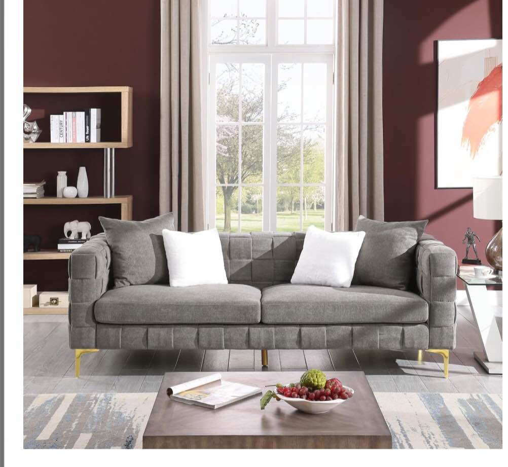 Modern Luxury Padded Velvet Sofa for Three Person, Contemporary Design Sofa in The Middle Ages, Weaving tufting Large Comfortable Sofa and armrest, White/Grey