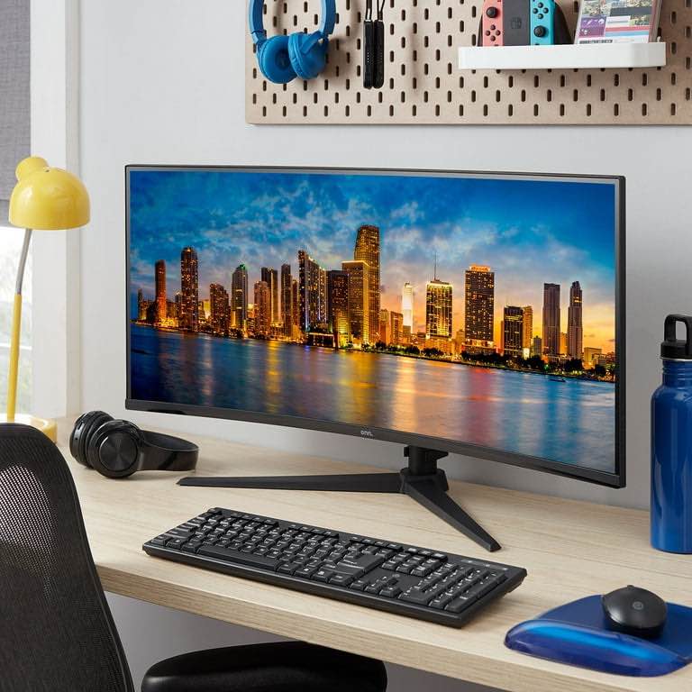 onn. 34" Curved Ultrawide WQHD (3440 x 1440p) 100Hz Bezel-Less Office Monitor with Cable, Black