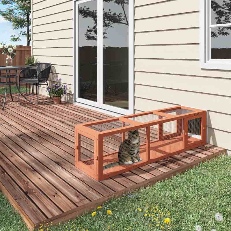 PawHut Outdoor Cat Tunnel with Extendable Design, 59" L Wooden Cat Run with Weather Protection, Connecting Inside and Outside, for Deck Patios, Balconies, Orange
