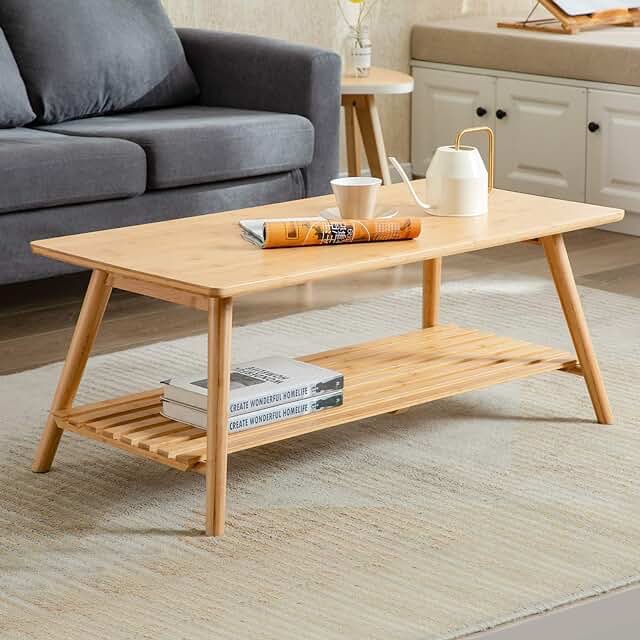 Nnewvamte Coffee Table Foldable Bamboo Mid Century Desk TV Stand With Open Storage Shelf Center Table For Living Room Furniture RV No Assembly