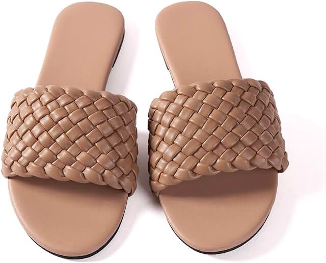Mtzyoa Women Flat Sandals Braided Leather Nude Summer Dressy Fashion Evening Party Wedding Sandals