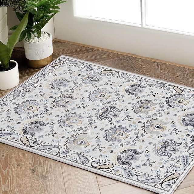 jinchan Area Rug 2x3 Entryway Rug Door Mat Vintage Indoor Entrance Flodable Thin Rug Retro Distressed Carpet Grey Multi Floral Print Gray Country Boho Rug Non Slip Doormat Bathroom Kitchen Bedroom