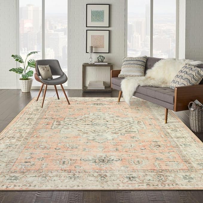 LIVEBOX Washable Area Rug 8x10 - Large Bohemian Living Room Rug Oriental Rug for Bedroom, Non-Slip Retro Medallion Carpet Print Distressed Rug for Dining Room Guest Room Office, Deep Peach 8'x10'/ 96''x120'' Deep Peach
