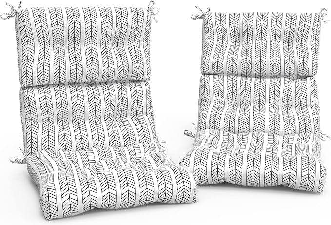 Outdoor High Back Patio Chair Cushions, Tufted Rocking Chair Cushions, Adirondack Cushions for Garden Porch Home Office Chair Use, 44” x 22” x 4”, 2 Pack, Herringbone Black White