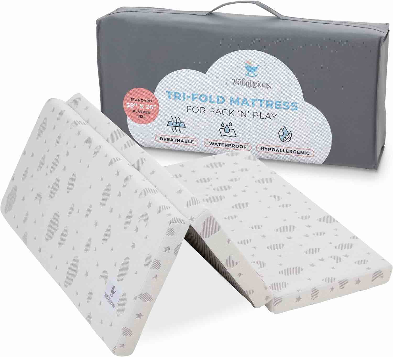 similar and the photo Waterproof Pack and Play Mattress Topper - 38" x 26" 1.5" - Trifold Style - Breathable Soft Bamboo - Portable Trifold Playard Mattress Topper- Baby Foam Playpen Mattresses for Babies