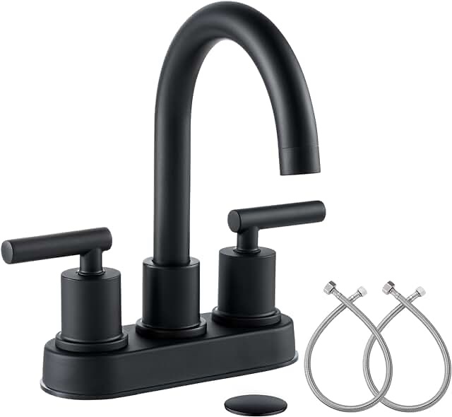 Hurran 4 inch Bathroom Faucets with Pop-up Drain and 2 Supply Hoses, Stainless Steel Lead-Free 2-Handle Centerset Faucets for Bathroom Sink 3 Hole, Matte Black
