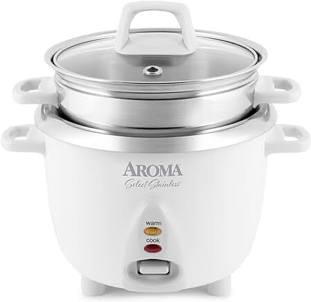 Aroma Housewares 6-Cup (Cooked) / 1.2Qt. Select Stainless Pot-Style Rice Cooker, & Food Steamer, One-Touch Operation, White