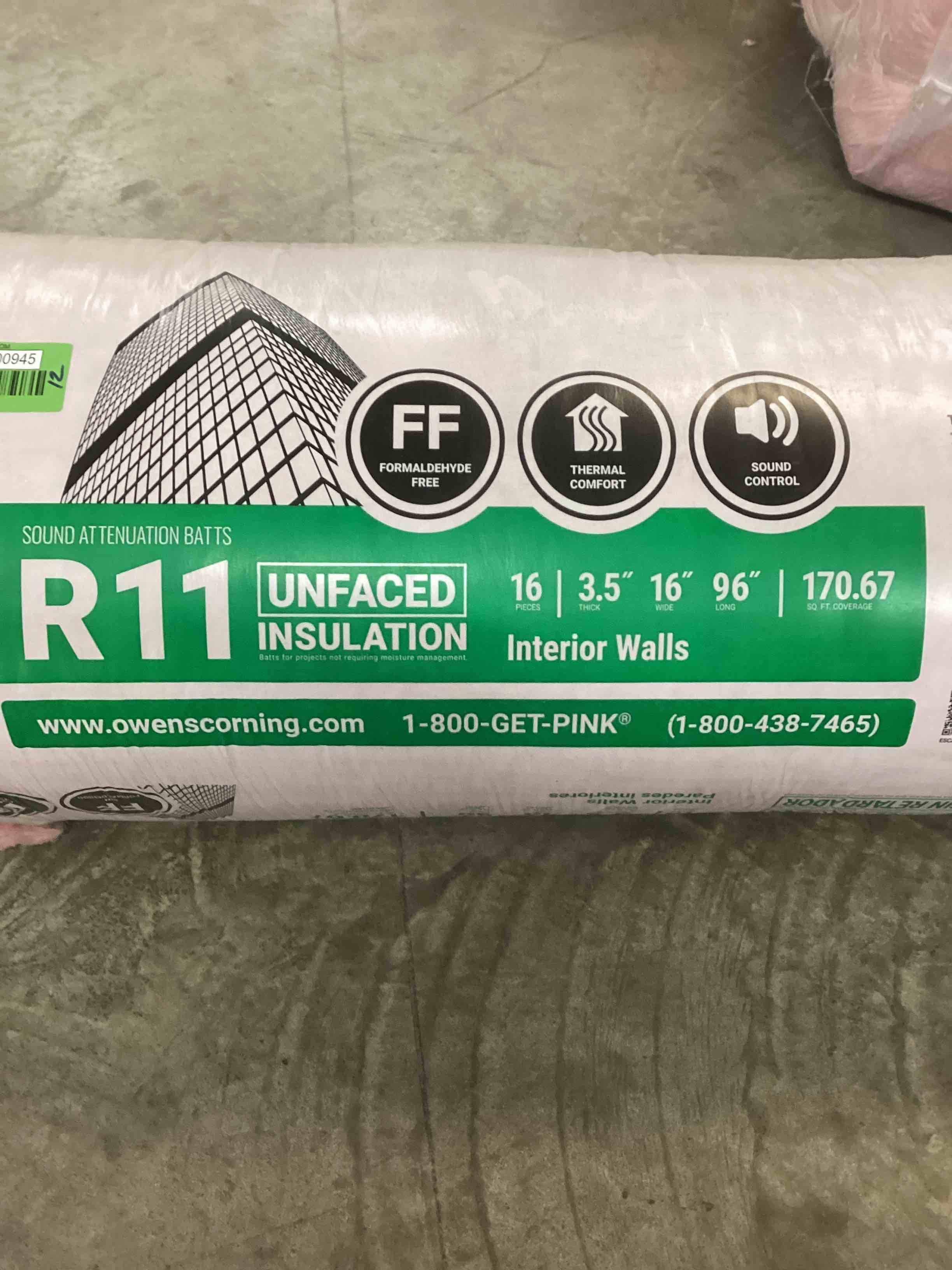  1Bag Owens Corning R11 Batt Insulation Unfaced